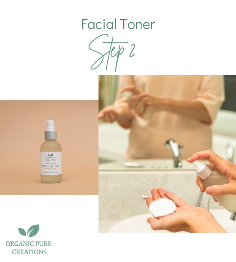 May include: A clear glass bottle with a spray nozzle containing Organic Pure Creations all-natural facial toner with orange blossom. The bottle is sitting on a light brown surface. The image also shows a person applying toner to their face with a cotton pad.