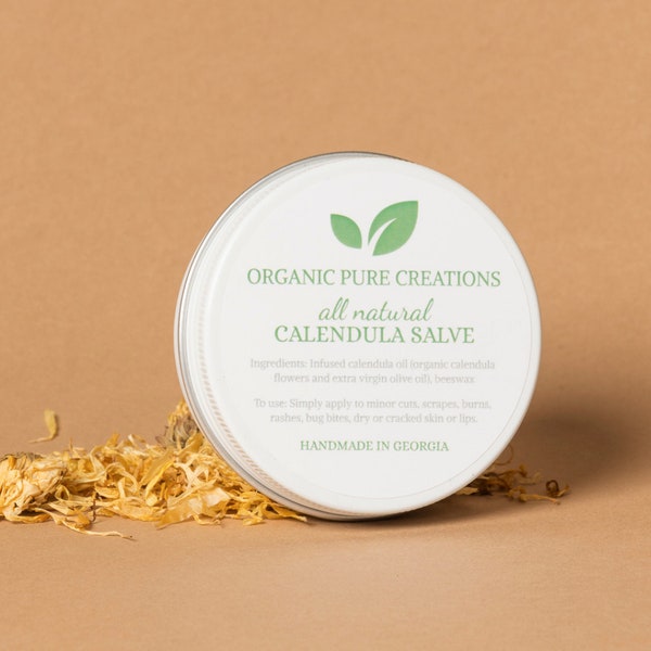 Organic Calendula Salve Balm, Multipurpose Herbal Cream, All Natural Infused Olive Oil, Unscented, Sensitive Skin, Baby Newborn Care Eczema
