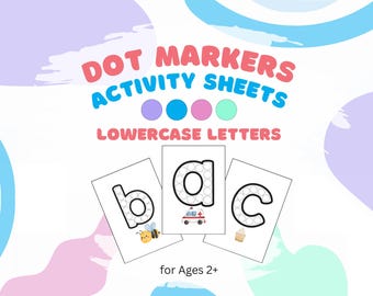 Puede incluir: Tres hojas de actividades imprimibles para marcadores de puntos para las letras minúsculas b, a y c. Cada letra está delineada con círculos para los marcadores de puntos. Las hojas están diseñadas para niños de 2 años en adelante.