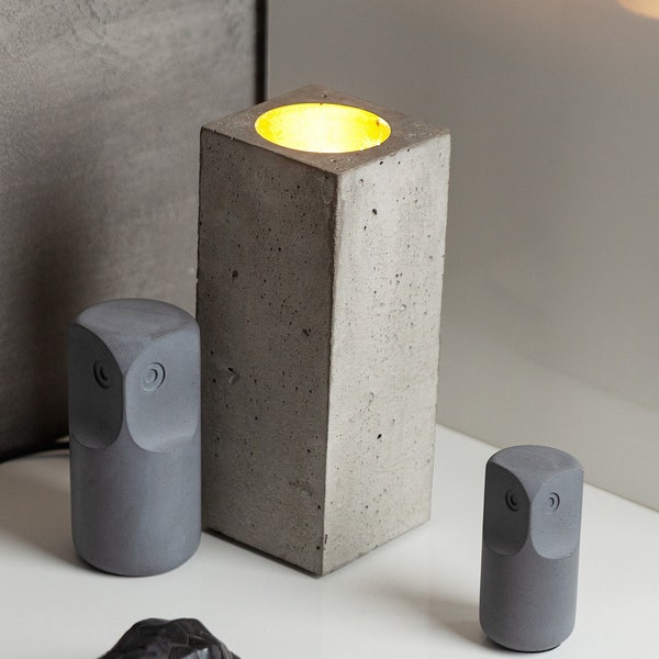 Concrete side table lamp, with golden inside, made in brutalist and minimalistic style, 200x80x80, GU10 socket, 5WLED