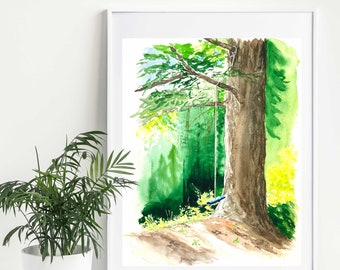 Sunlight on Tree Swing Watercolor Painting | Forest Art | Digital Download