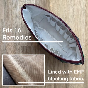 May include: Open zippered pouch with a colorful exterior and a white interior designed to hold 16 remedies. The pouch is lined with EMF blocking fabric. The text "Fits 16 Remedies" and "Lined with EMF blocking fabric" are visible.
