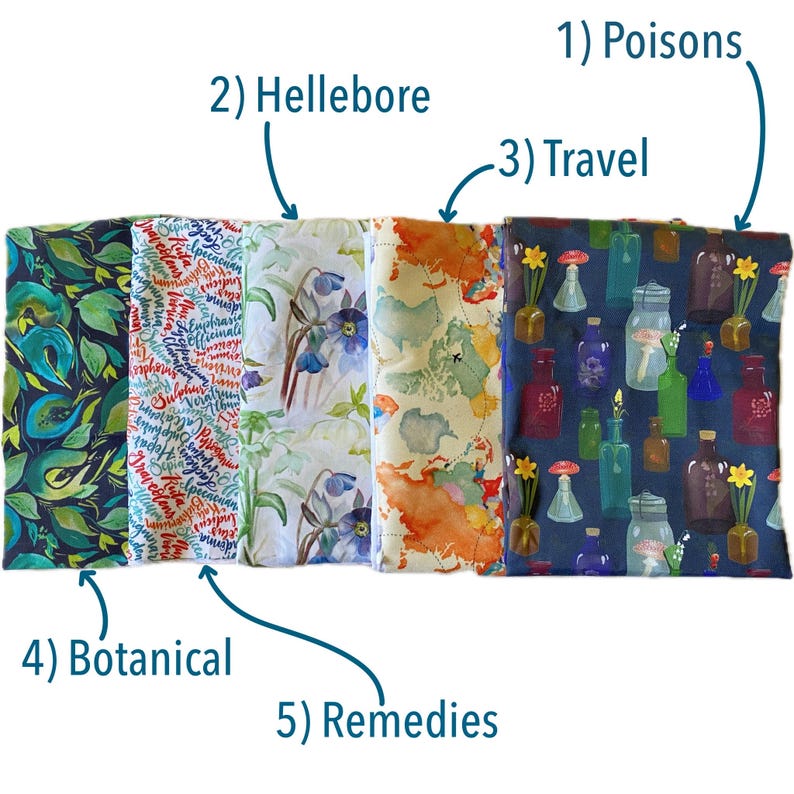 May include: A collection of fabric pouches with various botanical and themed patterns. Designs include leaf patterns, floral prints, maps, and apothecary bottles. The pouches are labeled with the themes: Poisons, Hellebore, Travel, Botanical, and Remedies.