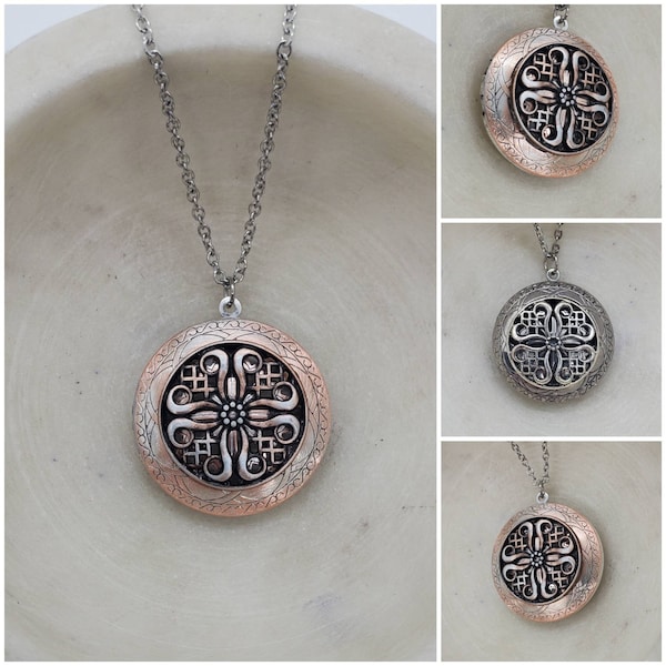 Copper/ Silver Essential-Oil Diffusing Locket Necklace /ornate/flower/brooch/ essential oil diffuser /aromatherapy / 3 clay diffusing discs