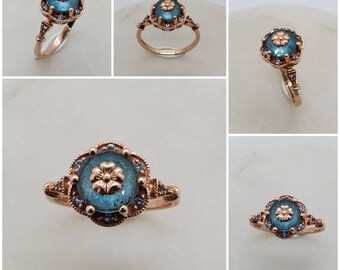 Studiodragonfly19 Gem Stone Memorial Ash Rose Gold Blue Topaz Plumeria Flower Cremation Ring /Memorial Ash Cremation Ring/Pet Memorial