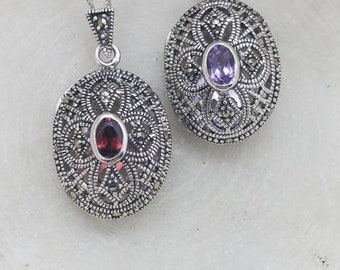 Sterling Silver Essential-Oil Diffusing Necklace/ /filigree /marcasite / aromatherapy/18" sterling silver chain/EO locket/garnet or amethyst