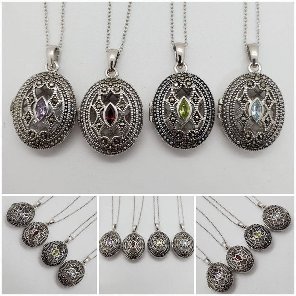 Sterling Silver Essential-Oil Diffusing Necklace /peridot /filigree /marcasite / aromatherapy/18" sterling silver chain/EO locket/gift box