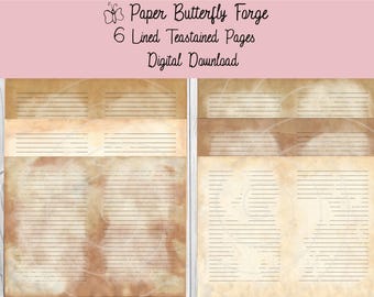Six Tea Stained Lined Papers, Junk Journal, Digital, Printable