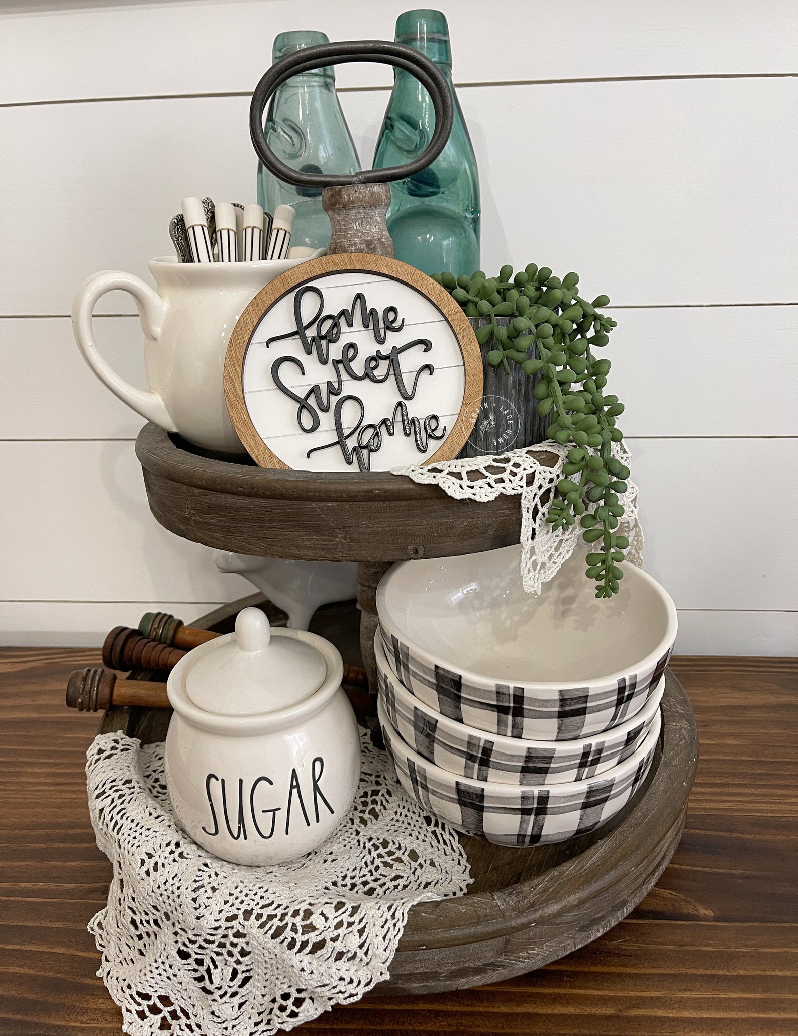 4 Pieces Wooden Tiered Tray Decorations Farmhouse Rustic Wood Frame Sign Black White Plaid Wreath Decor Mini Tiered Tray Items For Home Kitchen Shelf Table Spring Summer Stand Photo Prop