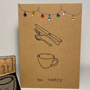 Mangez, buvez, soyez joyeux - Cartes de Noël kraft estampées à la main au design vintage : lot de 4