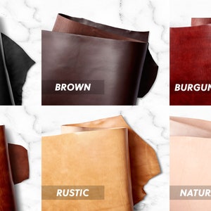 Peut inclure: Six &eacute;chantillons de cuir de diff&eacute;rentes couleurs&nbsp;: noir, marron, bordeaux, beige, rustique et naturel. Les &eacute;chantillons sont pli&eacute;s et dispos&eacute;s sur une surface en marbre blanc.