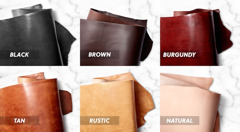 Peut inclure: Six &eacute;chantillons de cuir de diff&eacute;rentes couleurs&nbsp;: noir, marron, bordeaux, beige, rustique et naturel. Les &eacute;chantillons sont pli&eacute;s et dispos&eacute;s sur une surface en marbre blanc.