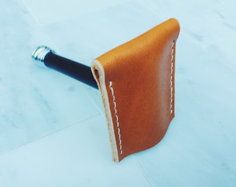 Handmade Safety Razor Cover / Sheath - Wet Shaving, Saddle Tan Leather, Travel Protection