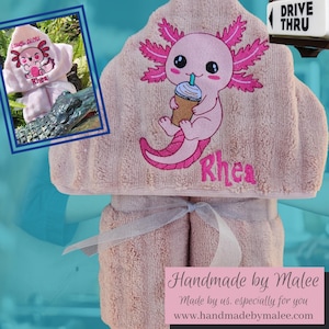Axolotl and a Babyccino Hooded Towel, Hooded Bath Towel, Hooded Kid&#39;s Towel, Beach Towel for Kids, Kid’s Hooded Pool Towel