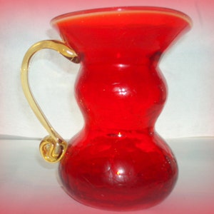 Rainbow Hand Blown Glass Pitcher,  Ruby Red with Honey Handle