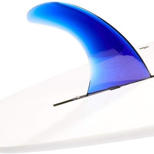 May include: A blue surfboard fin with a gradient from light blue to dark blue. The fin is attached to a white surfboard.
