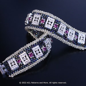 May include: Two silver and black beaded bracelets with pink and clear crystal accents. The bracelets are made with seed beads and feature a square design.