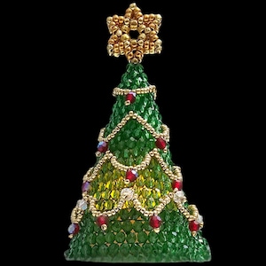 May include: A small, green, beaded Christmas tree ornament with a gold star on top. The tree is decorated with red beads and gold accents.