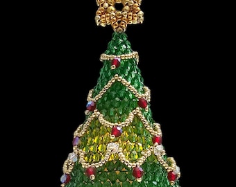 May include: A small, green, beaded Christmas tree ornament with a gold star on top. The tree is decorated with red beads and gold accents.