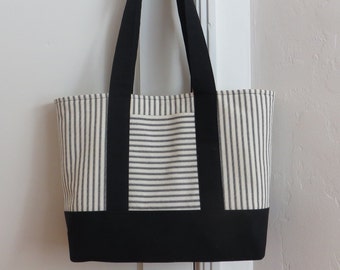 Black ticking tote bag, black canvas and black and cream ticking stripe, market bag, carryall