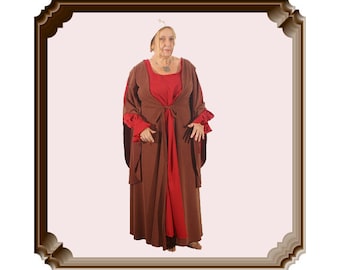 Medieval women clothing Brown coat & rust gown, Old Period handmade formal wear costume, La Filoche Canadian seller shop, Capsule wardrobe