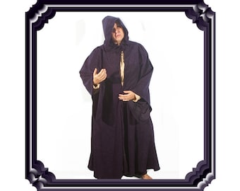 May include: A long, dark purple hooded robe with a high collar and long sleeves. The robe is made of a soft, textured fabric and has a flowing silhouette.