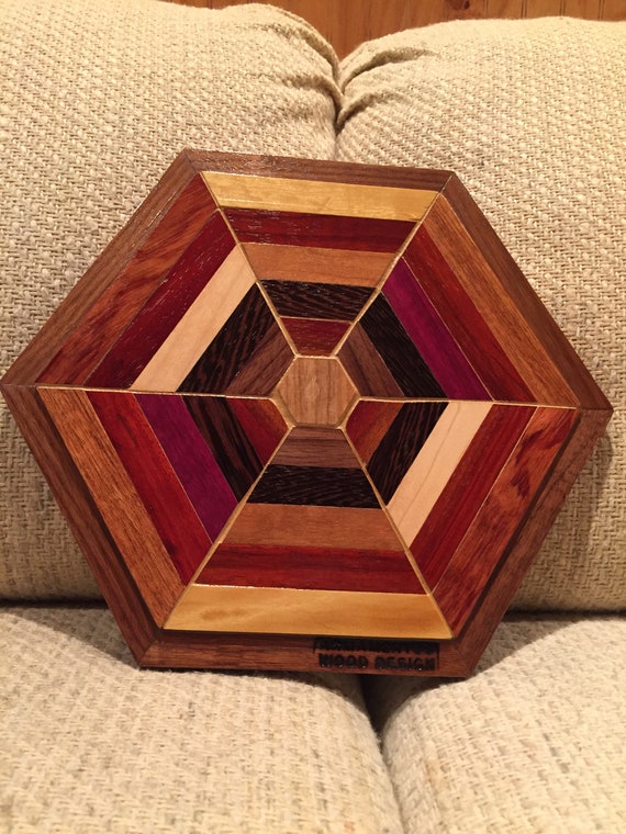 Hexagon Shaped Wood Wall Art Sculpture Featuring a Variety of Exotic Wood  Pieces Geometrically Arrayed. 