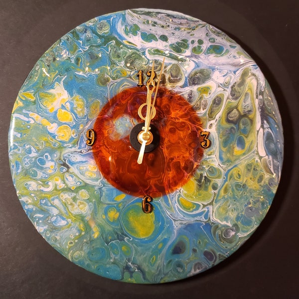 10" Acrylic Pour slightly warped Record Clock