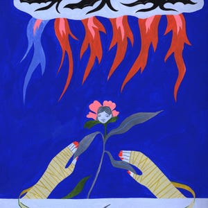 May include: An abstract painting on a blue background. The artwork features a flower with a face, hands wrapped in bandages, and a cloud with bats. Red flames and blue streaks descend from the cloud. The flower has a pink bloom.