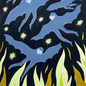 May include: A painting on a black background featuring four blue figures with wing-like appendages flying among pale yellow stars. Below the figures, stylized flames in shades of bright lime green and mustard yellow rise upward against the dark space.