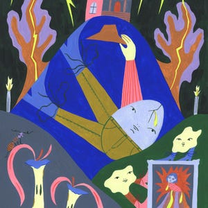 May include: A surreal illustration featuring a central blue diamond shape containing a figure with a pale oval head and tan pants, holding a brown hat. The scene includes a red house, yellow lightning, purple trees, two apple cores, and a framed portrait.