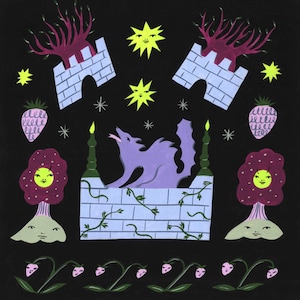 May include: A purple wolf howls at the moon in a whimsical illustration. The wolf is surrounded by a blue brick castle with vines growing up the sides. There are pink flowers with yellow faces and red strawberries with white seeds on either side of the castle. The background is black with yellow stars and suns.