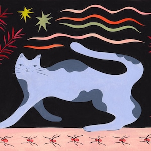 May include: A blue cat with black spots walks on a pink surface with red spiders. The cat is walking towards the left side of the image. The background is black with red and green wavy lines and yellow and green stars.