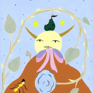 May include: A whimsical illustration of a yellow moon face with a green pear on top, wearing a pink bow and surrounded by a gold vine with thorns. The moon face is on a brown hill with a blue flower and a yellow ant with a black hat.