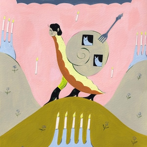 May include: An artistic illustration featuring a figure with a snail shell body, a fork, and two cat portraits. The figure walks across a green hill with candles and flowers. The background is pink with stars and candles.