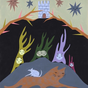 May include: A whimsical illustration featuring a cat, a small mouse, and several humanoid figures with faces. The figures are standing on a hill with a small tower at the top. The background is a dark blue with stars and a light brown sky.