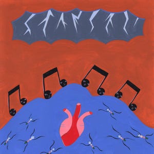 May include: An abstract painting with a red background, a blue wave, and the word "STARS" in white. Black musical notes with faces float above the wave, and figures with white bodies and black limbs dance below.
