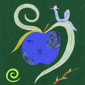May include: A whimsical painting of a blue apple with a face, a worm wearing a pink hat, and swirling white and yellow accents against a green background. A brown branch with thorns is also present.