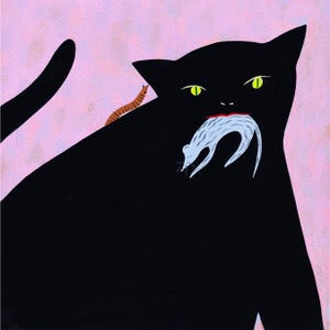 May include: A black cat with green eyes is holding a white mouse in its mouth. The cat is sitting on a pink background. There is a brown worm on the cat's back.