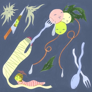 May include: An abstract illustration on a dark blue background. The artwork features whimsical elements like a knife, forks, and stylized faces. A wrapped hand, a reclining figure, and floating orbs add to the surreal composition. The color palette includes yellow, pink, green, and blue.