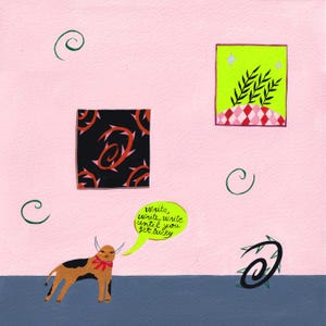 May include: A pink background with a green, yellow, and red patterned square, a black square with a red and orange swirl pattern, a green swirl, a black swirl with thorns, and a brown and white cow with a red bow tie and a speech bubble that says "Write, write until you get lucky".