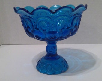 Vintage L.E. Smith Glass Compote, Colonial Blue Moon and Stars Pattern