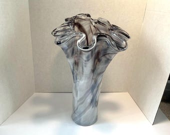 Large White & Purple Glass Vase - Ruffled Italian Style Centerpiece