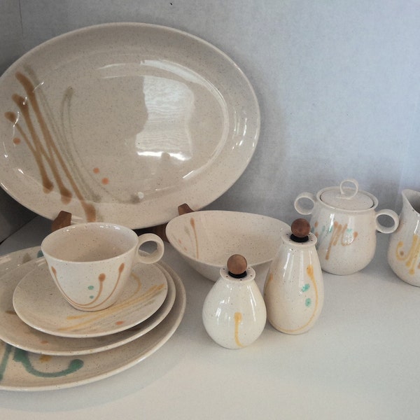 Vernonware Dis "n" Dot Pattern Dishes, Platter, Dinner Plate, Cups and Saucers, Bowls, Salad Plate, Salt and Pepper, Cream and Sugar