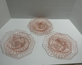 Vintage Set of 6 Octagonal Pink Depression Glass Dessert Plates