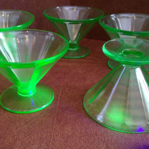Green Depression Sherbet Dishes, Federal, Vaseline Glass, Optic Pattern