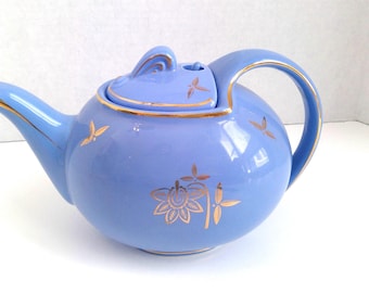 Hall China Teapot, Cadet Blue, Hook Lid, Gold Trim