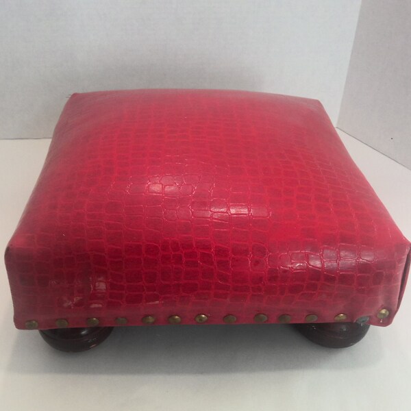 Vintage Red Faux Leather Footstool, Vinyl Foot Rest