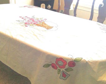 Hand Sewn Tablecloth, Rectangular with Flowers, Hand Applique