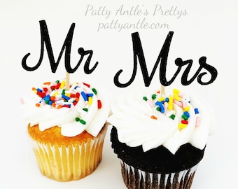 Glitter Mr & Mrs Cupcake Toppers, Wedding Cupcake Toppers, Bride and Groom Cupcake Toppers, 12 Ct.